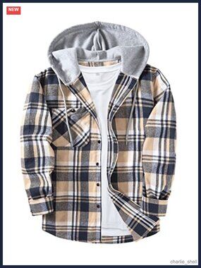 Men's Flannel Hoodie Shirt Button Down Long Sleeve Plaid Casual Shirt